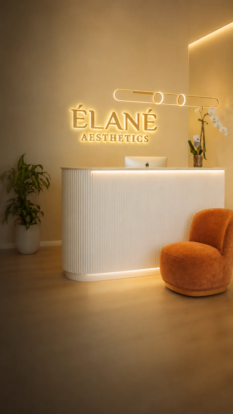 The Élané Aesthetics reception, with the backlit brand sign above the desk